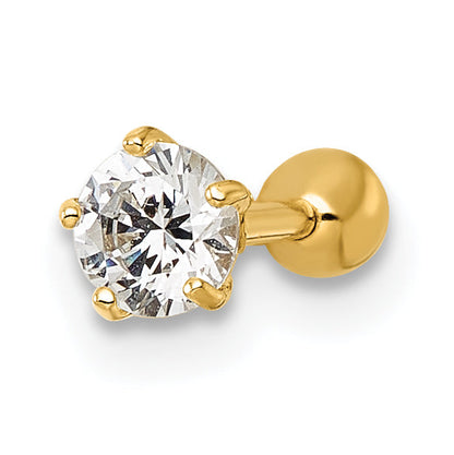 10K Yellow Gold Polished 18 Gauge Round White Cz Labret Stud