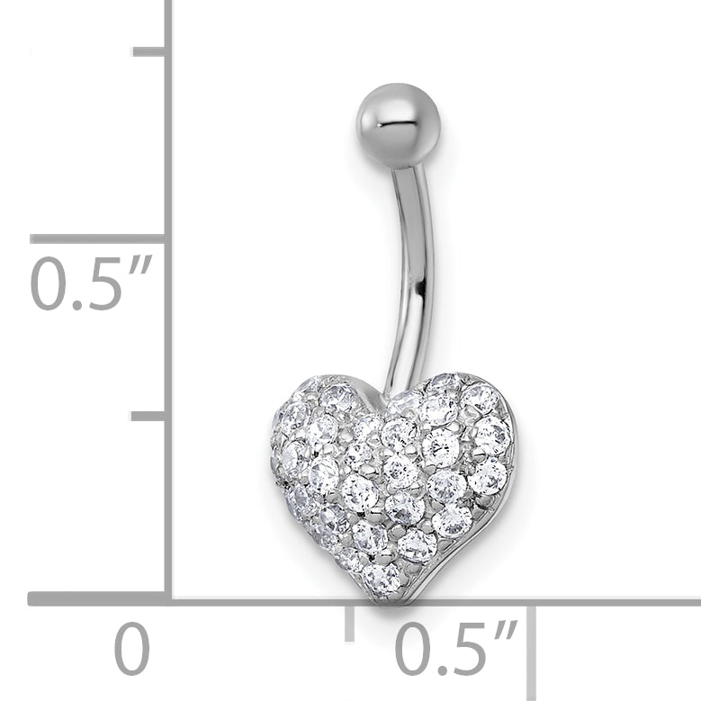 10K White Gold Polished 16 Gauge Pave Cz Heart Navel Ring