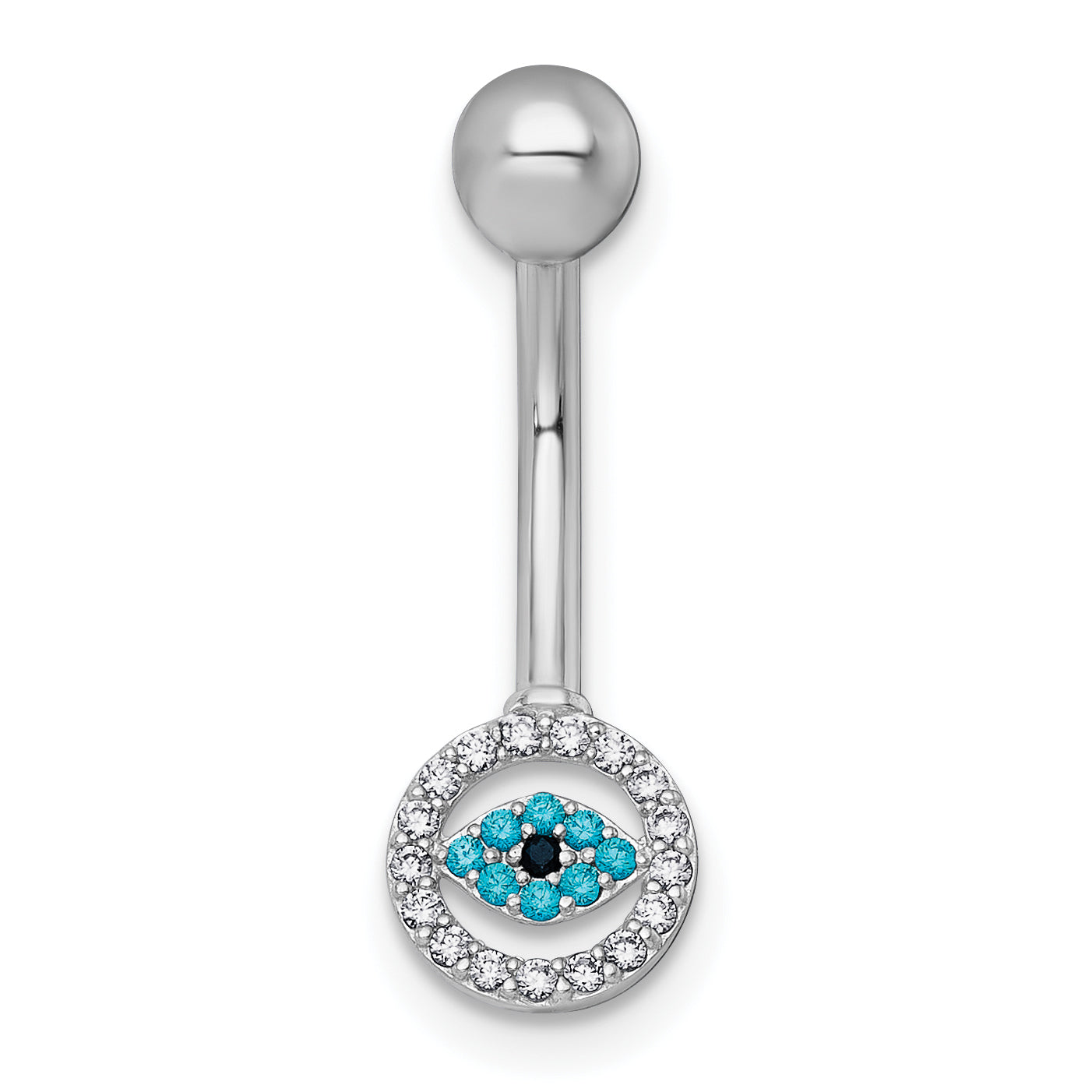 10K White Gold Polished 14 Gauge And Blue Cz Evil Eye Navel Ring