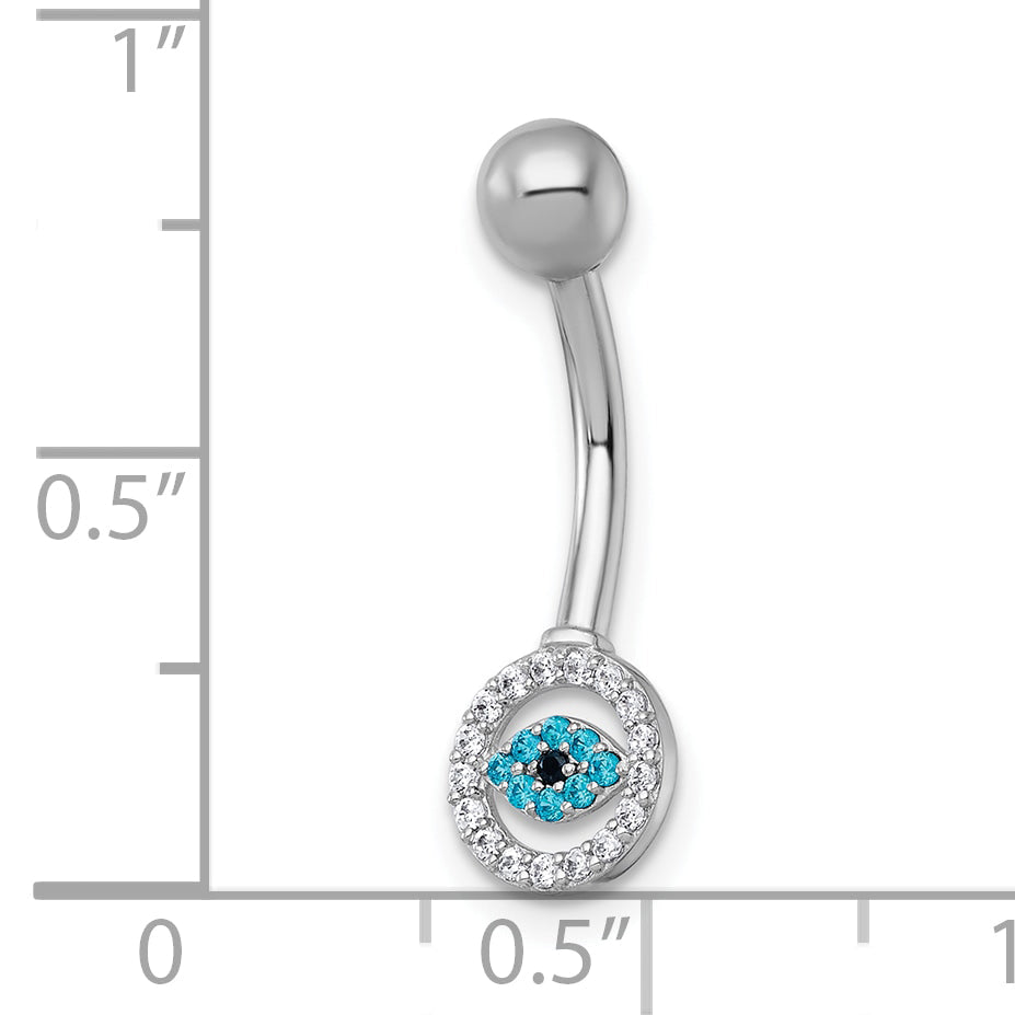 10K White Gold Polished 14 Gauge And Blue Cz Evil Eye Navel Ring