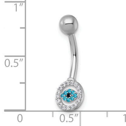 10K White Gold Polished 14 Gauge And Blue Cz Evil Eye Navel Ring