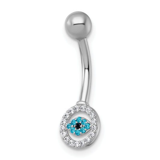 10K White Gold Polished 14 Gauge And Blue Cz Evil Eye Navel Ring