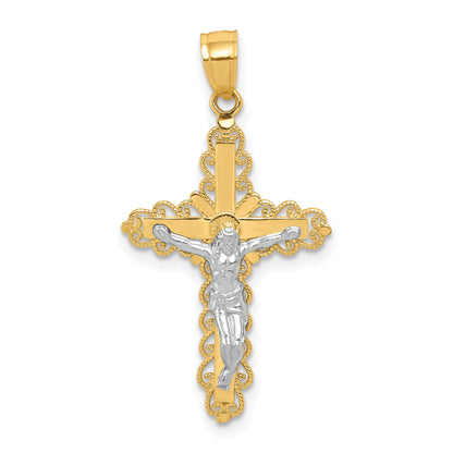 10k Yellow w/Rhodium w/ Rhodium Filigree Crucifix Pendant