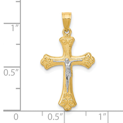 10k Yellow w/Rhodium Fleur De Lis Crucifix Pendant