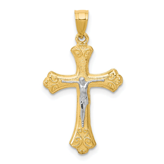 10k Yellow w/Rhodium Fleur De Lis Crucifix Pendant