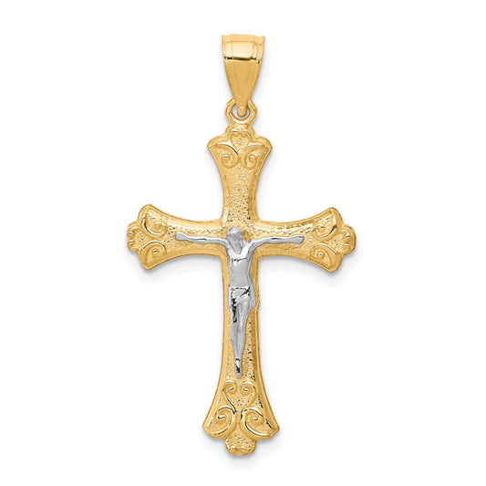10k Yellow w/Rhodium Fleur De Lis Crucifix Pendant