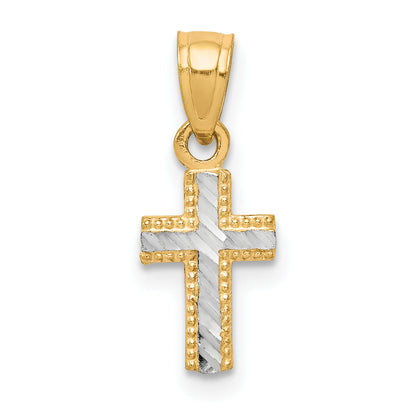 10k Yellow w/Rhodium w/ Rhodium Tiny Diamond-Cut Cross Pendant