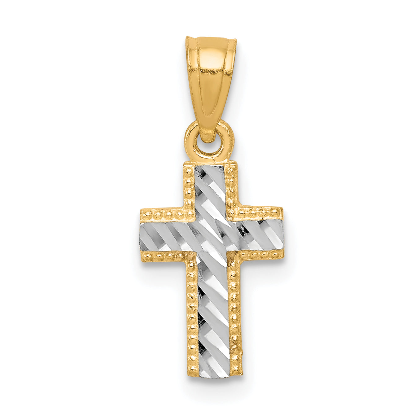 10k Yellow w/Rhodium & Rhodium Tiny Diamond-Cut Cross Pendant