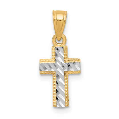 10k Yellow w/Rhodium & Rhodium Tiny Diamond-Cut Cross Pendant