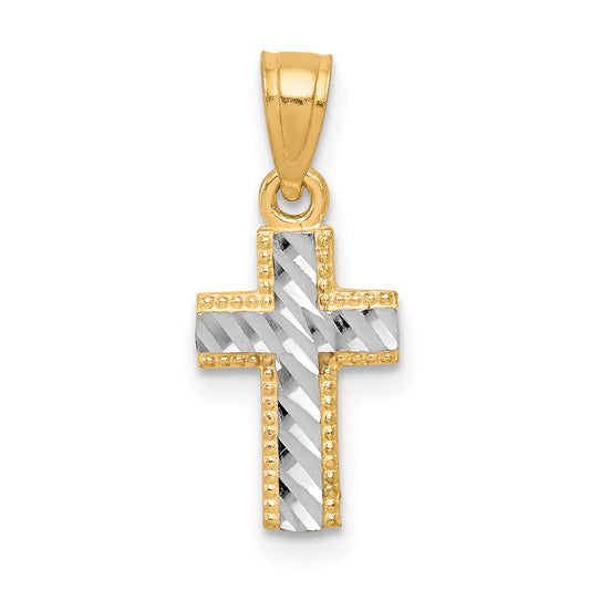 10k Yellow w/Rhodium & Rhodium Tiny Diamond-Cut Cross Pendant