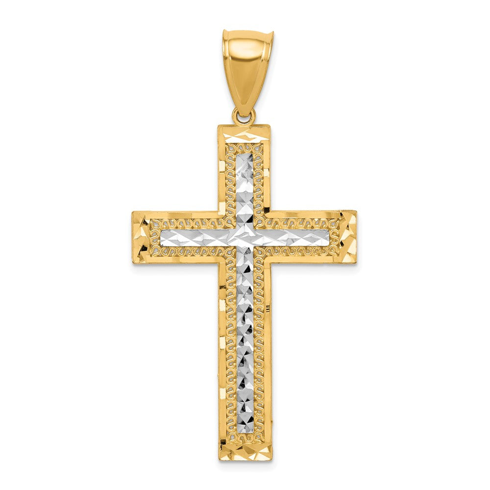 10k Yellow w/Rhodium w/ Rhodium Diamond-Cut Cross Pendant
