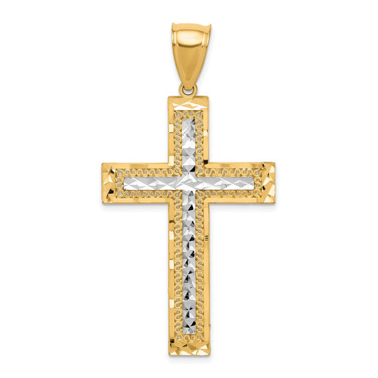 10k Yellow w/Rhodium w/ Rhodium Diamond-Cut Cross Pendant