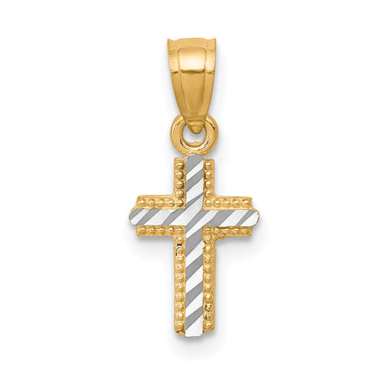 10k Yellow w/Rhodium w/ Rhodium Tiny Diamond-Cut Cross Pendant