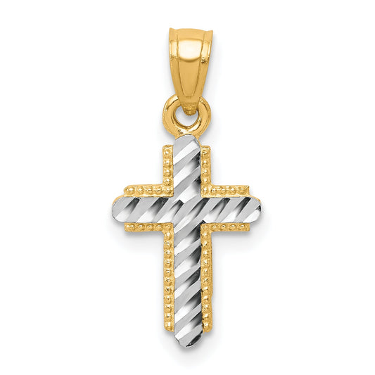 10k Yellow w/Rhodium Diamond-Cut Cross Pendant