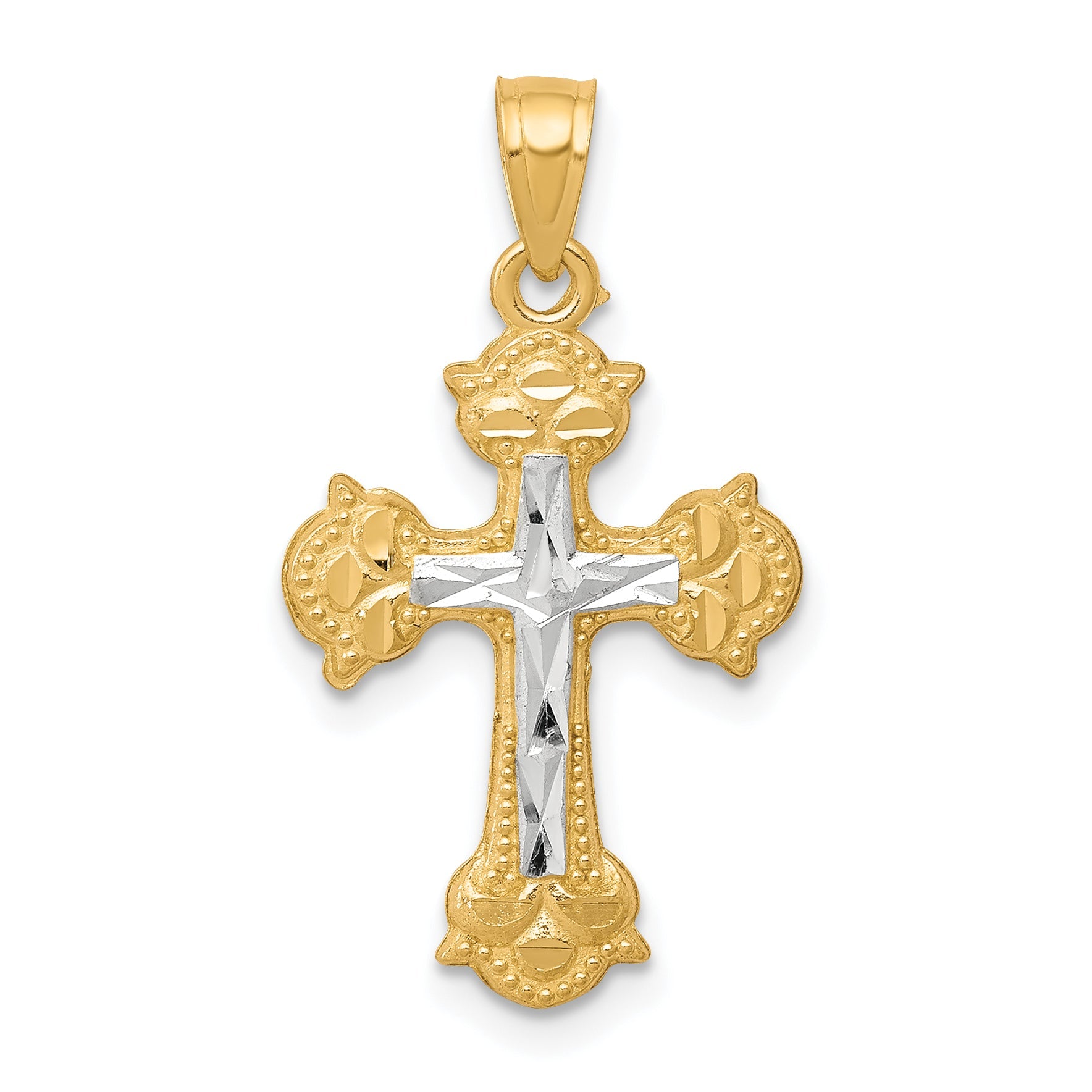 10k Yellow w/Rhodium w/ Rhodium Diamond-Cut Cross Pendant