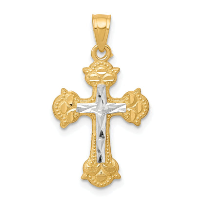 10k Yellow w/Rhodium w/ Rhodium Diamond-Cut Cross Pendant