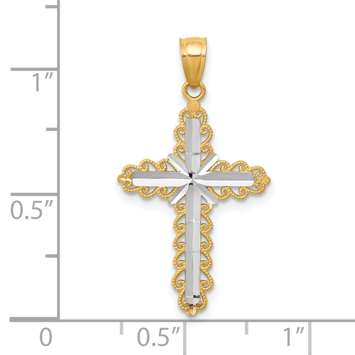 10k Yellow w/Rhodium w/ Rhodium Diamond-Cut Cross Pendant