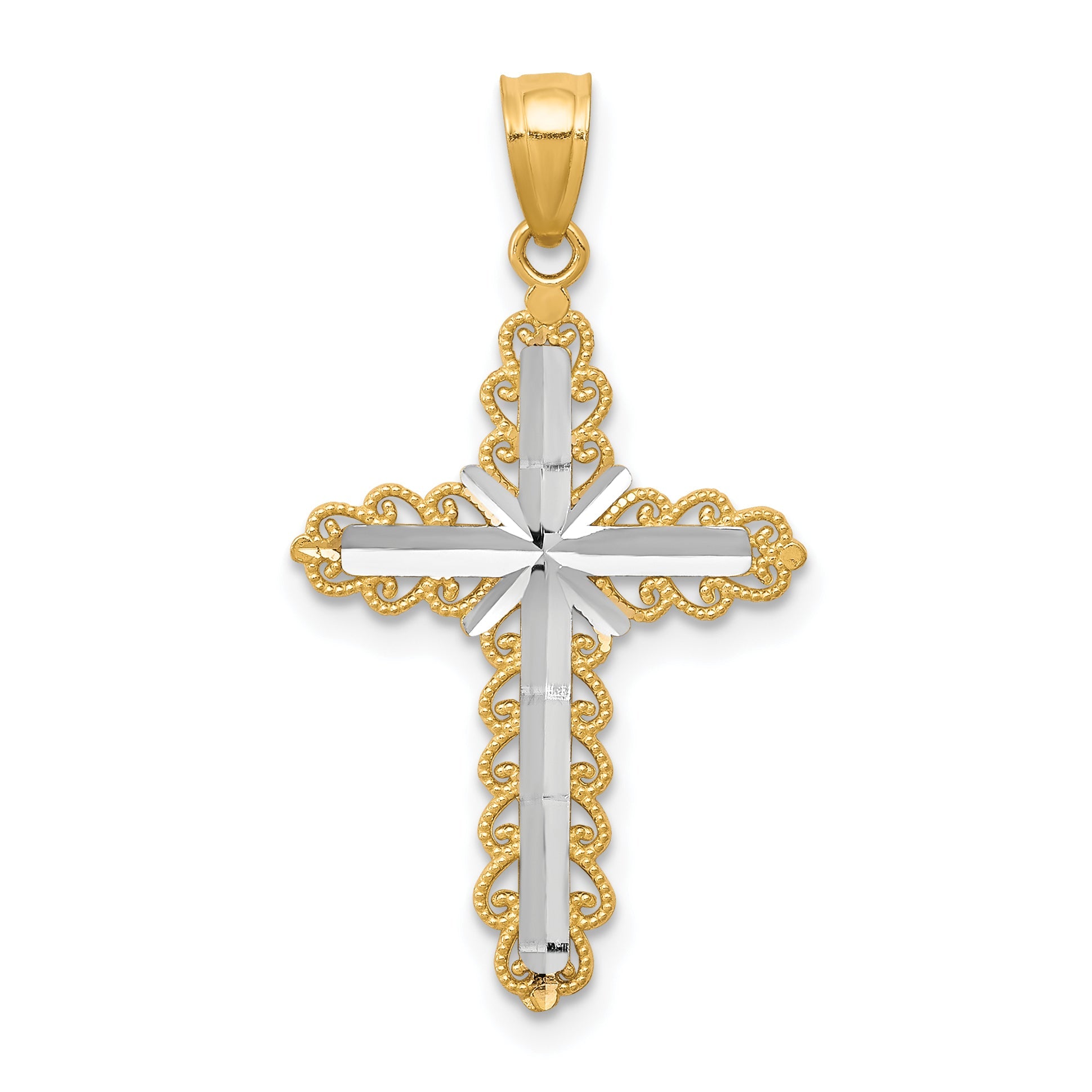 10k Yellow w/Rhodium w/ Rhodium Diamond-Cut Cross Pendant