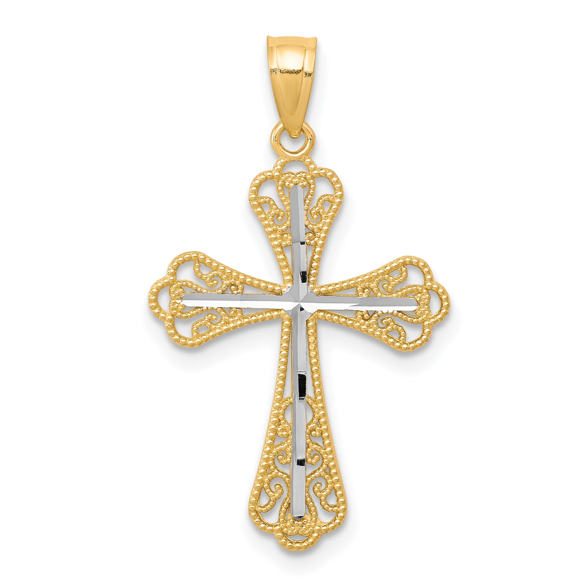 10k Yellow w/Rhodium w/ Rhodium Diamond-Cut Cross Pendant