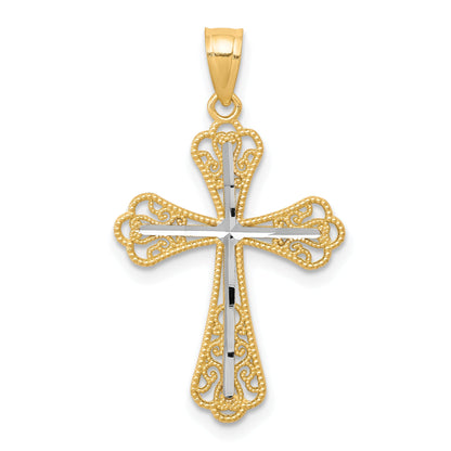 10k Yellow w/Rhodium w/ Rhodium Diamond-Cut Cross Pendant