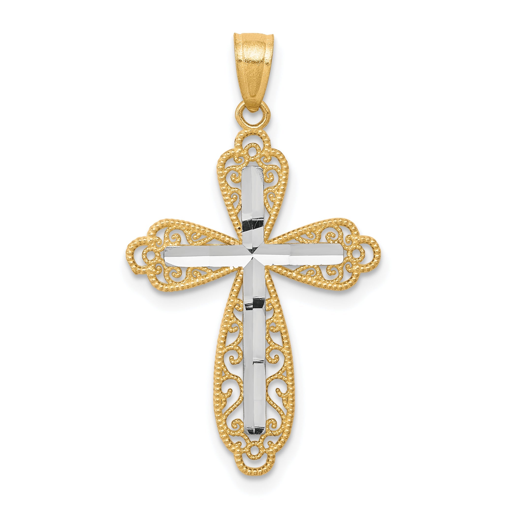 10k Yellow w/Rhodium w/ Rhodium Diamond-Cut Cross Pendant
