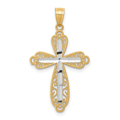 10k Yellow w/Rhodium w/ Rhodium Diamond-Cut Cross Pendant