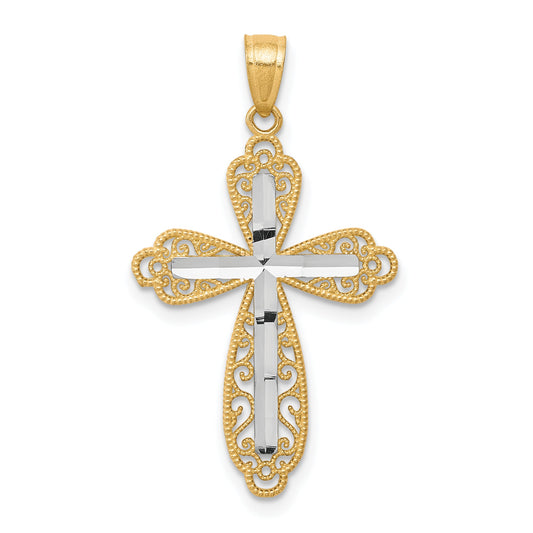 10k Yellow w/Rhodium w/ Rhodium Diamond-Cut Cross Pendant