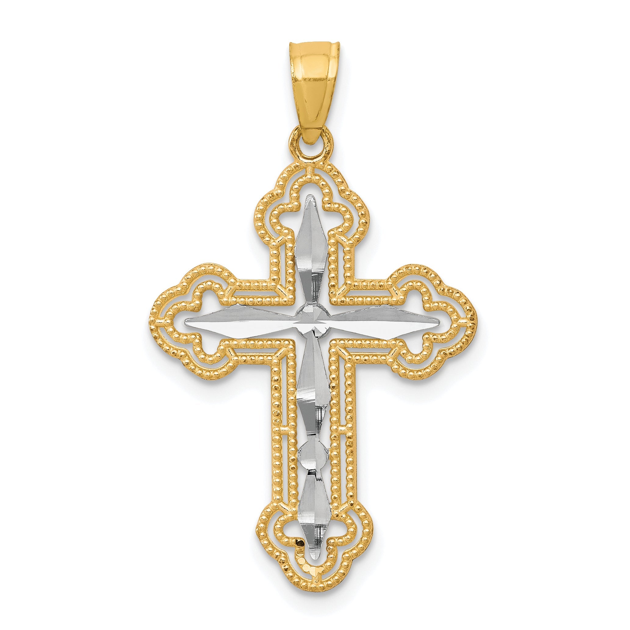 10k Yellow w/Rhodium w/ Rhodium Diamond-Cut Cross Pendant