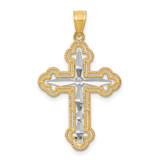 10k Yellow w/Rhodium w/ Rhodium Diamond-Cut Cross Pendant