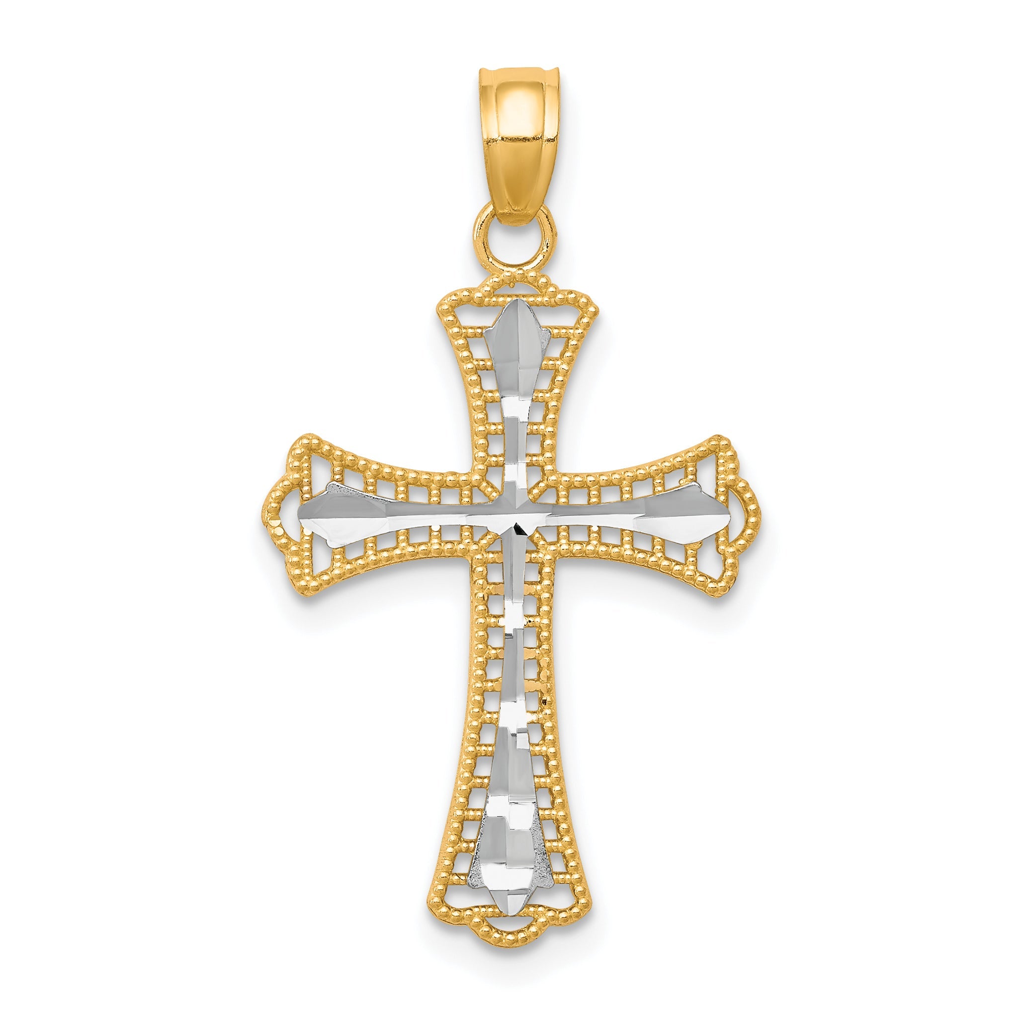 10k Yellow w/Rhodium w/ Rhodium Diamond-Cut Cross Pendant