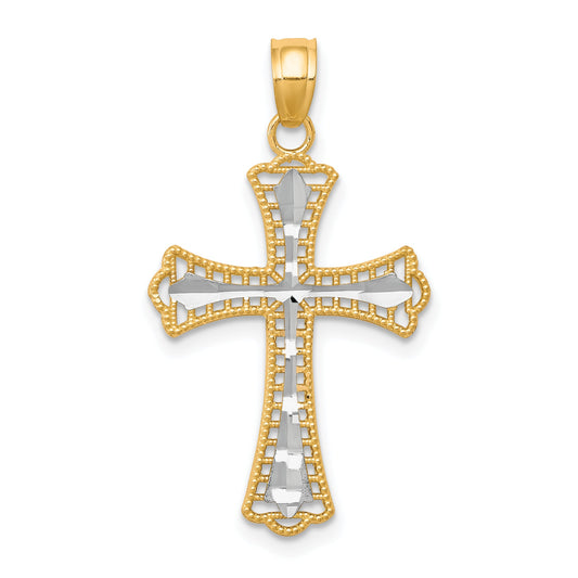 10k Yellow w/Rhodium w/ Rhodium Diamond-Cut Cross Pendant