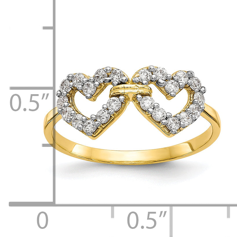 10K Yellow Gold Double Heart Cz Ring