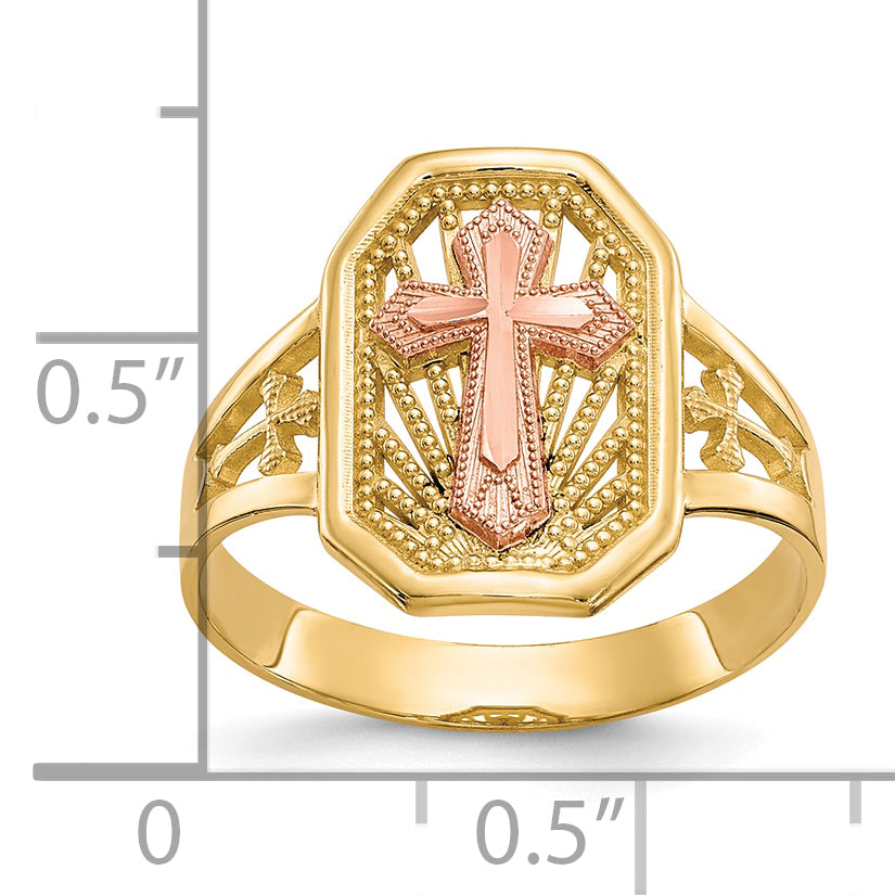 10K Two-Tone Filigree Cross Ring