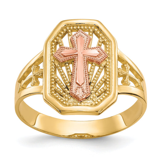 10K Two-Tone Filigree Cross Ring