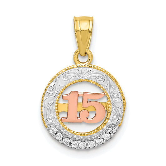10k Two-tone w/White Rhodium CZ 15 Round Pendant