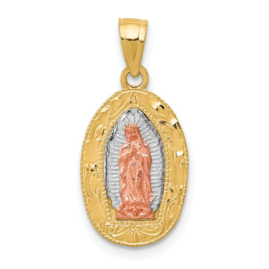 10k Two-tone White Rhodium Lady Of Guadalupe Oval Pendant