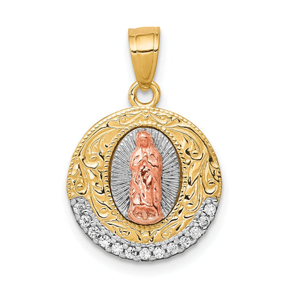10k Two-tone w/ Rhodium CZ Lady Of Guadalupe Round Pendant