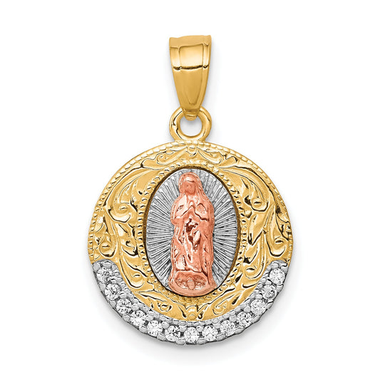 10k Two-tone w/ Rhodium CZ Lady Of Guadalupe Round Pendant