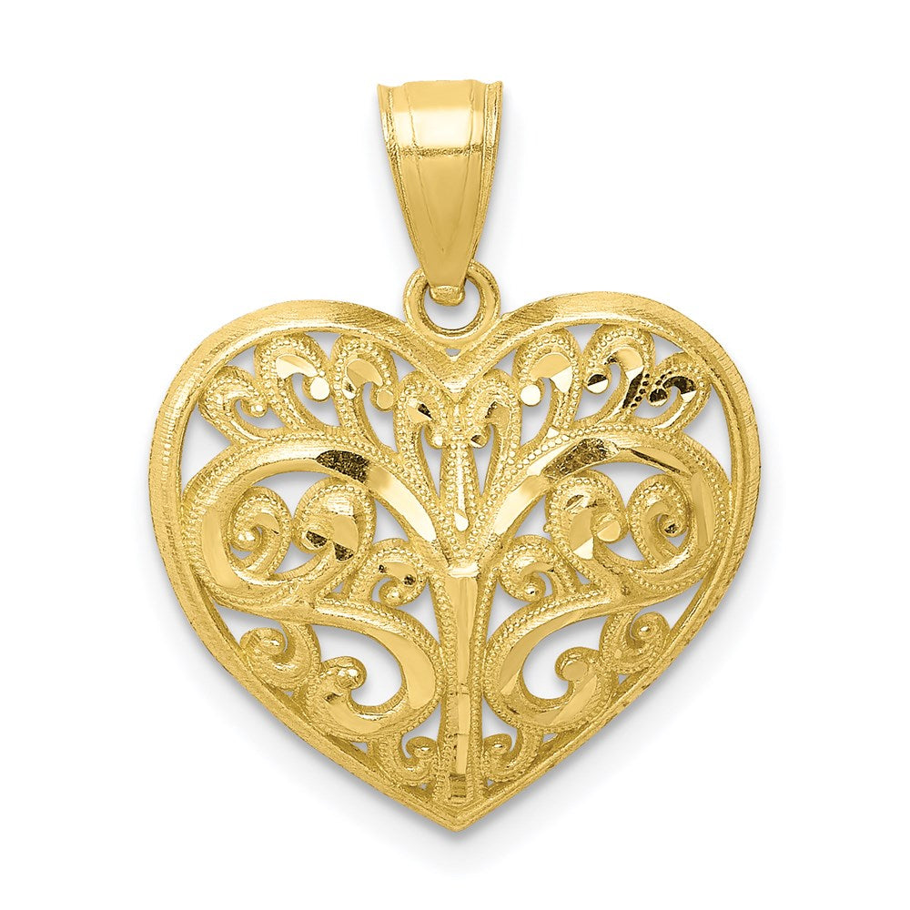 10k Yellow Gold Diamond-cut Filigree Heart Charm