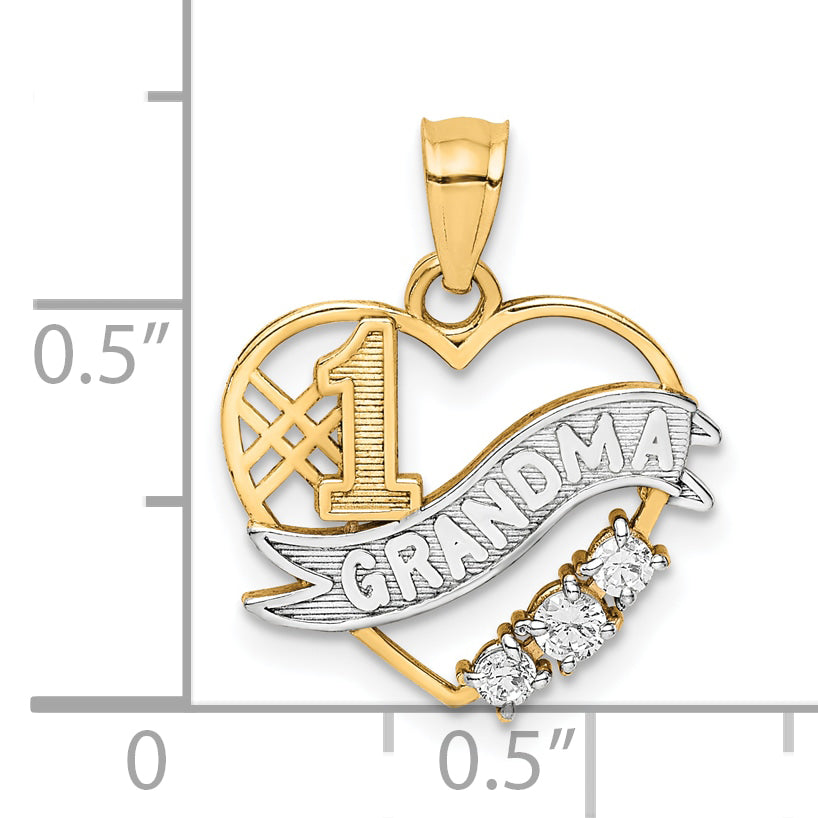 10k Yellow w/Rhodium CZ #1 GRANDMA In Heart Pendant