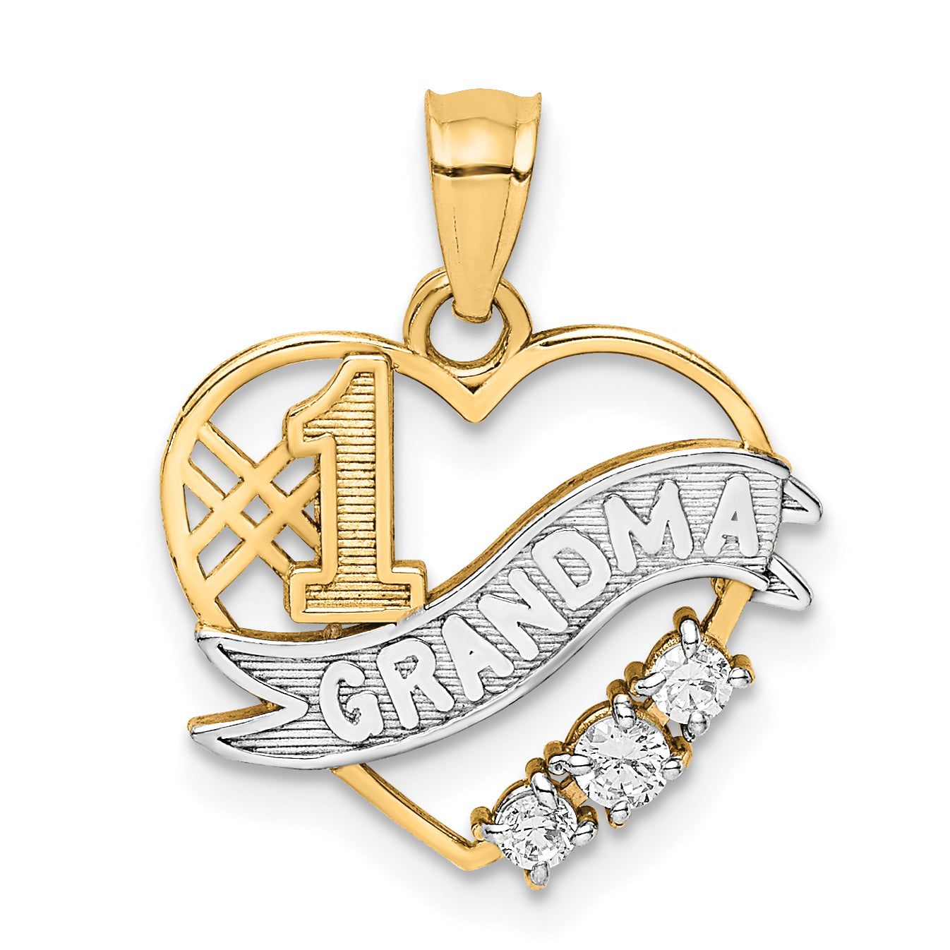 10k Yellow w/Rhodium CZ #1 GRANDMA In Heart Pendant