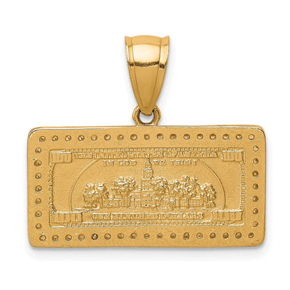 10k Yellow Gold w/Rhodium CZ Micropave 100 Dollar Bill Pendant