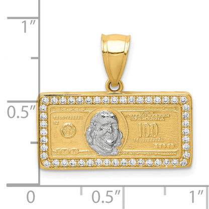 10k Yellow Gold w/Rhodium CZ Micropave 100 Dollar Bill Pendant