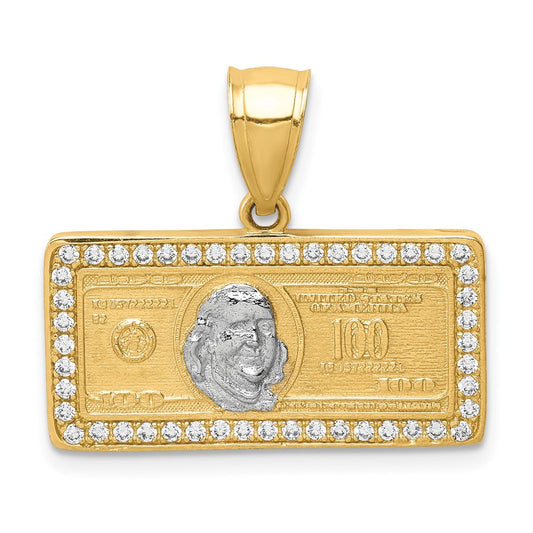 10k Yellow Gold w/Rhodium CZ Micropave 100 Dollar Bill Pendant