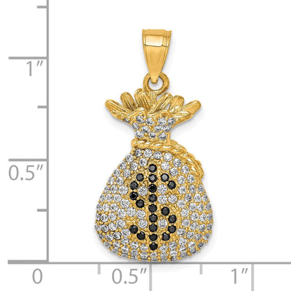 10k Yellow Gold Black and Clear CZ Micro Pave Money Bag Pendant