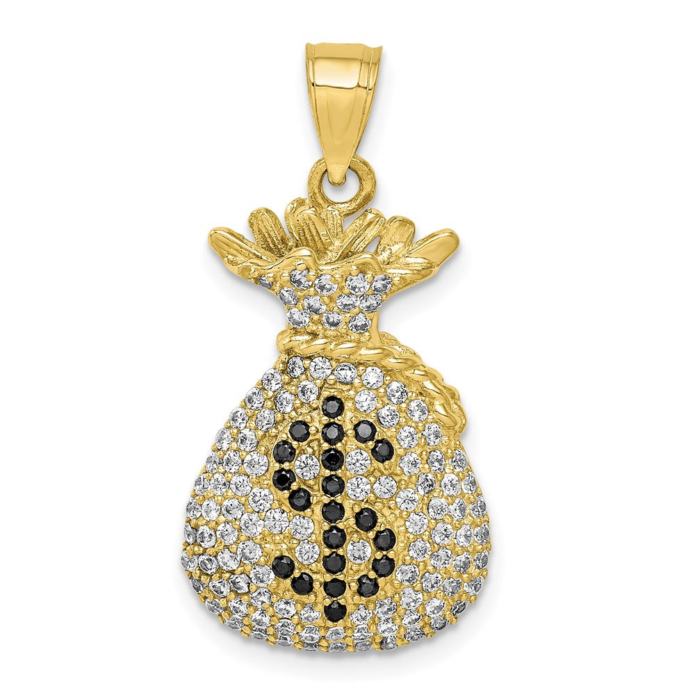 10k Yellow Gold Black and Clear CZ Micro Pave Money Bag Pendant