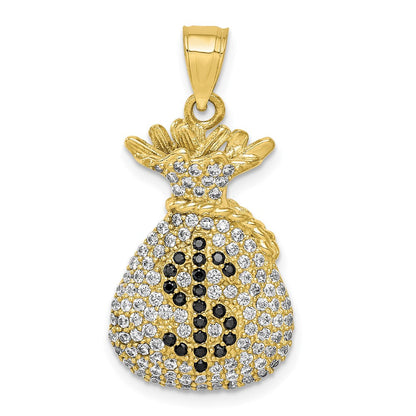 10k Yellow Gold Black and Clear CZ Micro Pave Money Bag Pendant