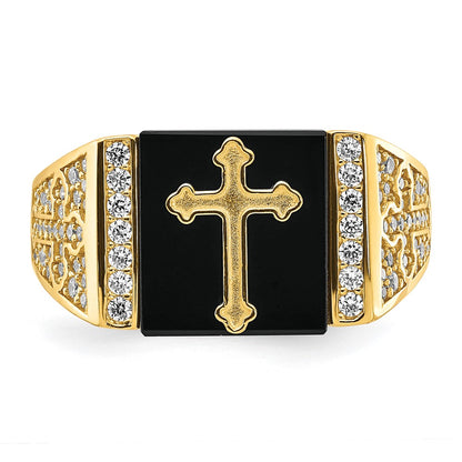 10K Yellow Gold 10K Cz And Onyx Cross Men'S Ring