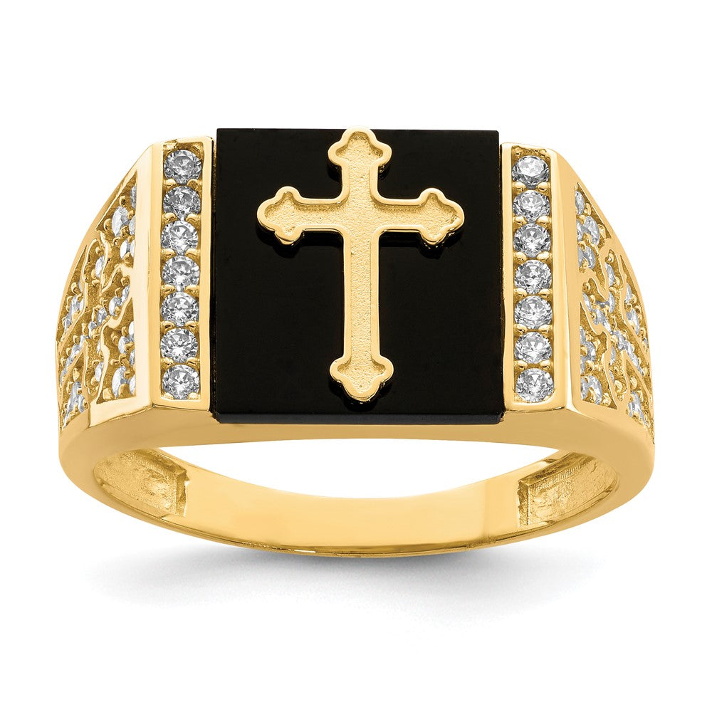 10K Yellow Gold 10K Cz And Onyx Cross Men'S Ring