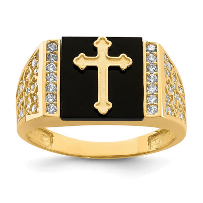 10K Yellow Gold 10K Cz And Onyx Cross Men'S Ring